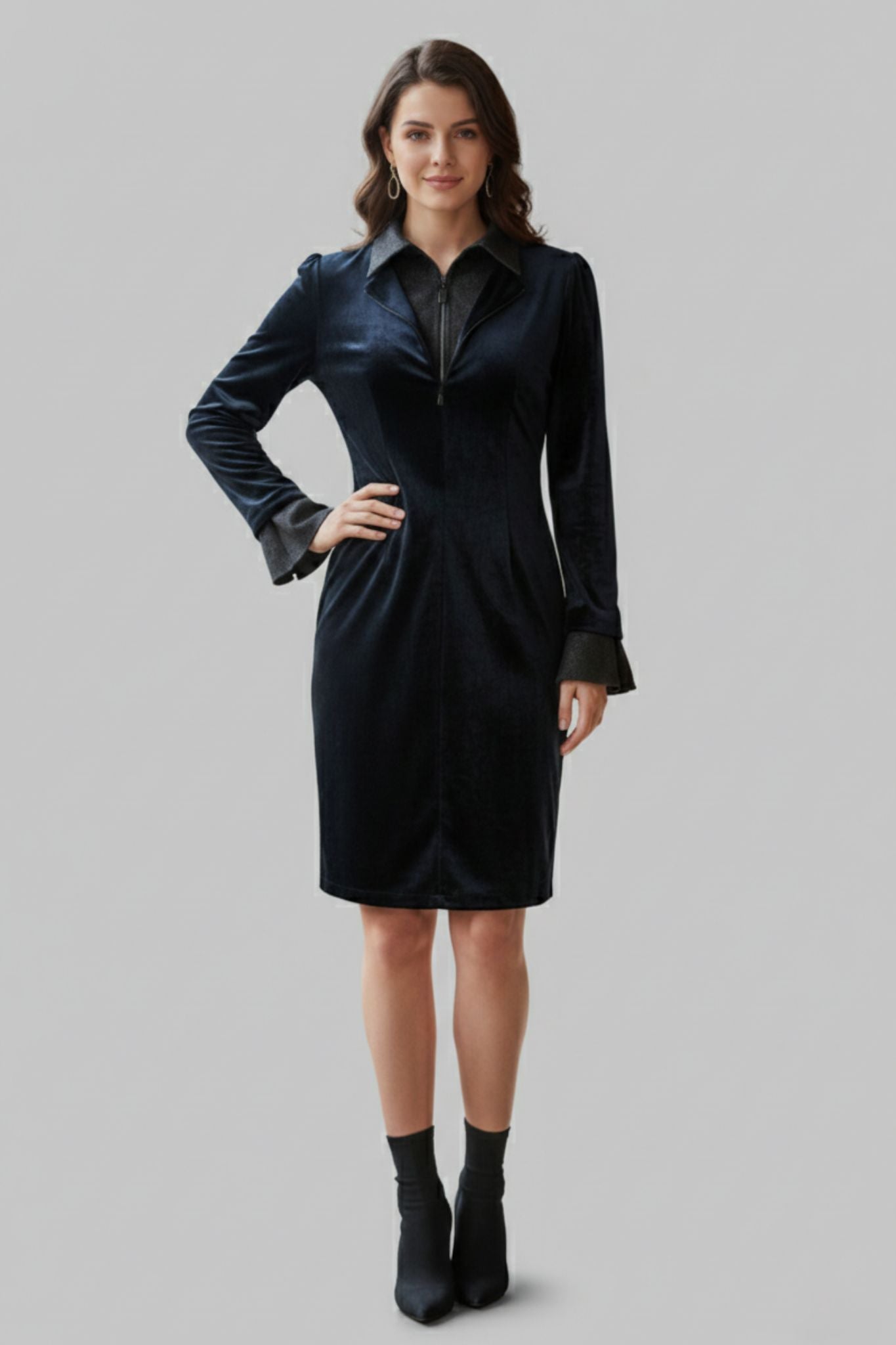 Collared Zip Midi Dress - Black | Velvet