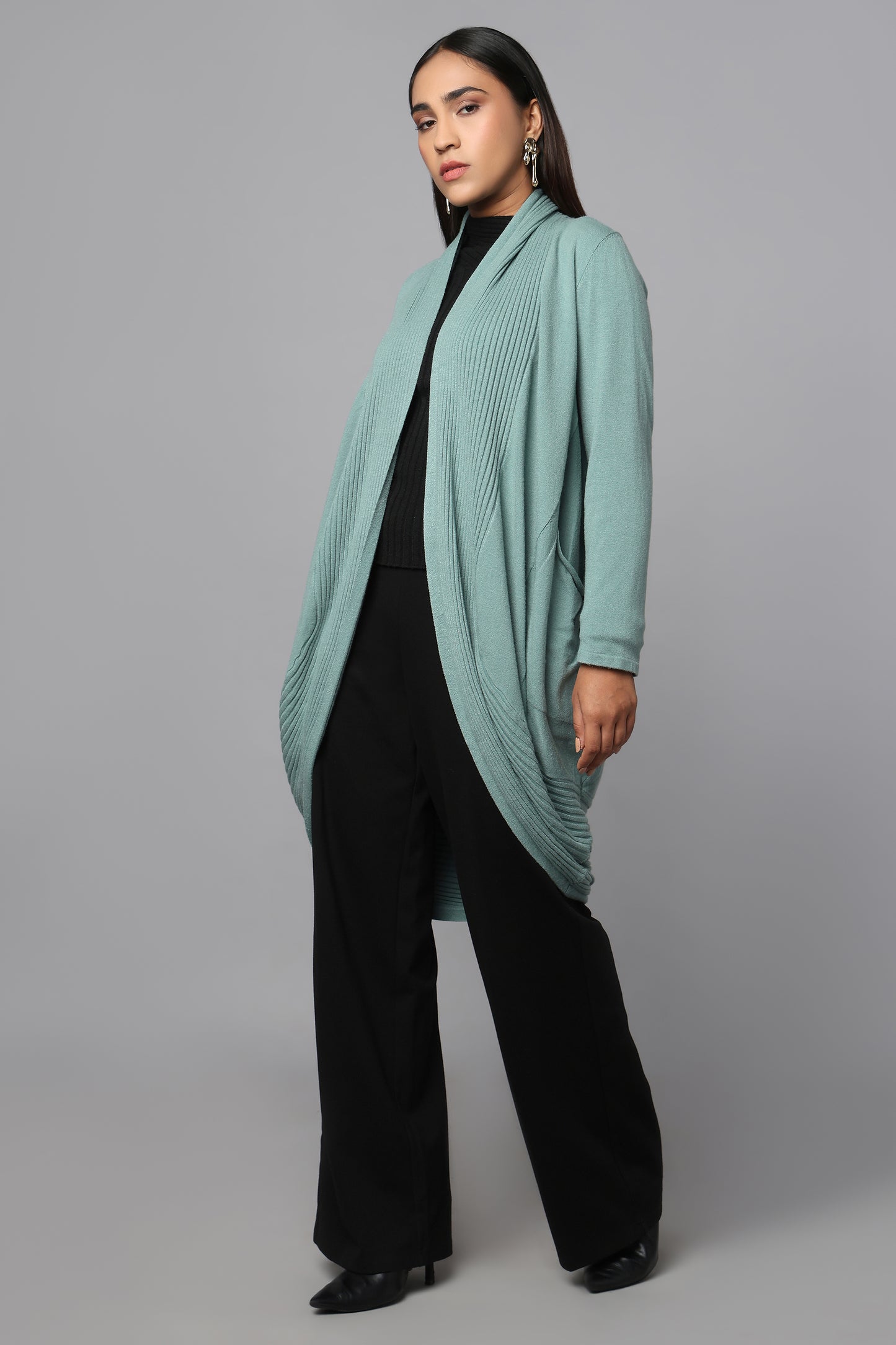 Longline Knit Sweater with Draped Hem - Sage