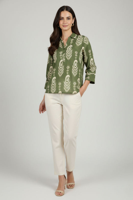 Shirt Collar Top - Green | Lyocell