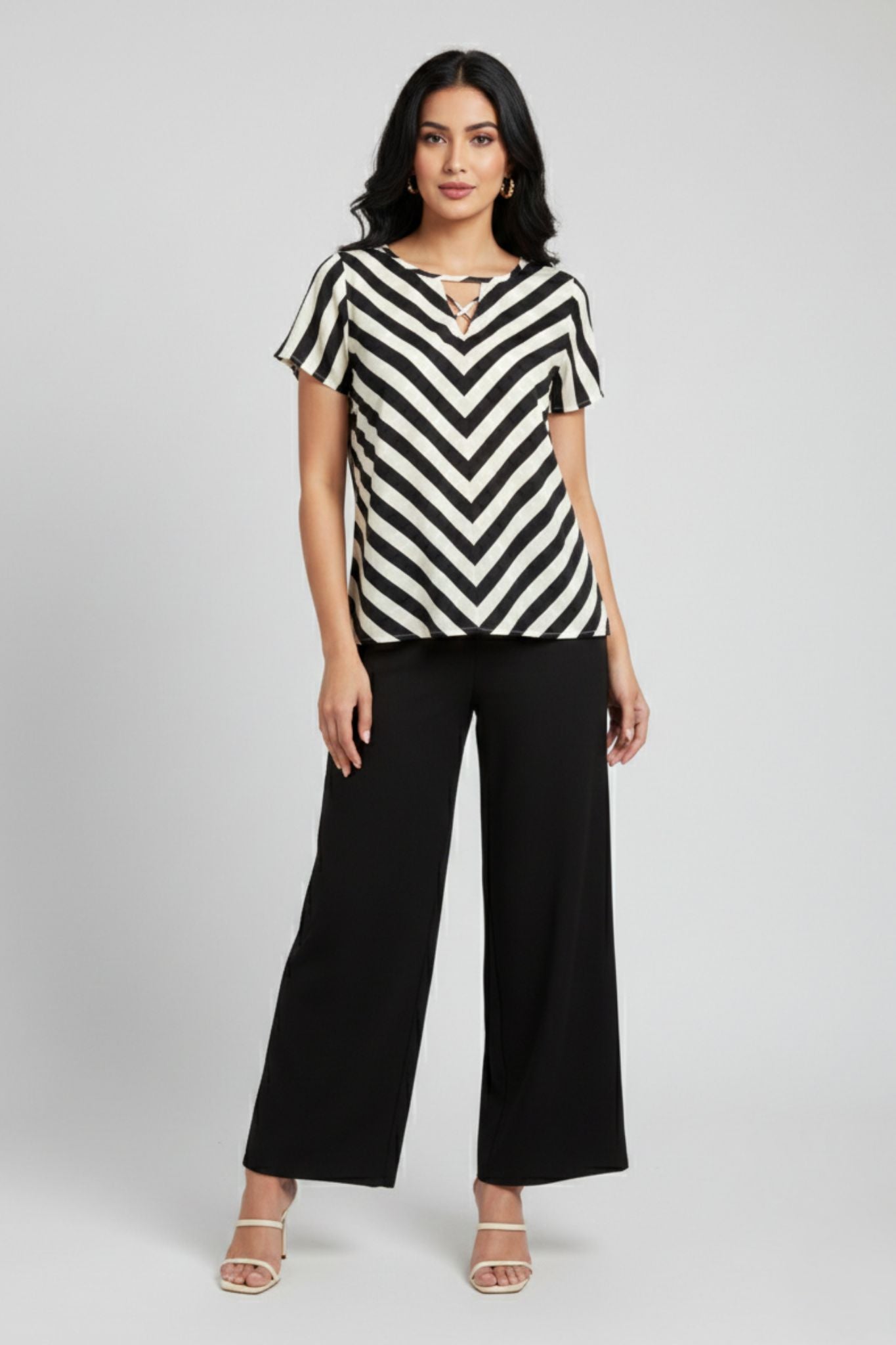 Criss Cross Neck Striped Top – Black & White | Silk Blend