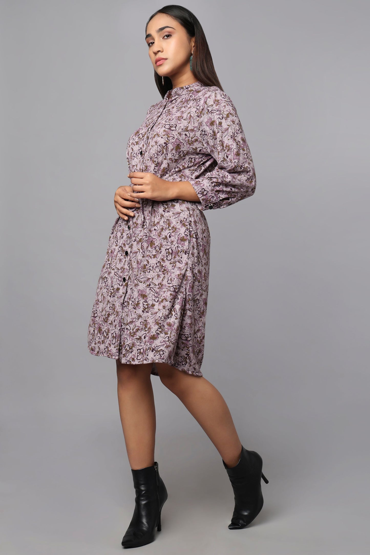 Purple Floral Shirt Dress with Waist Belt