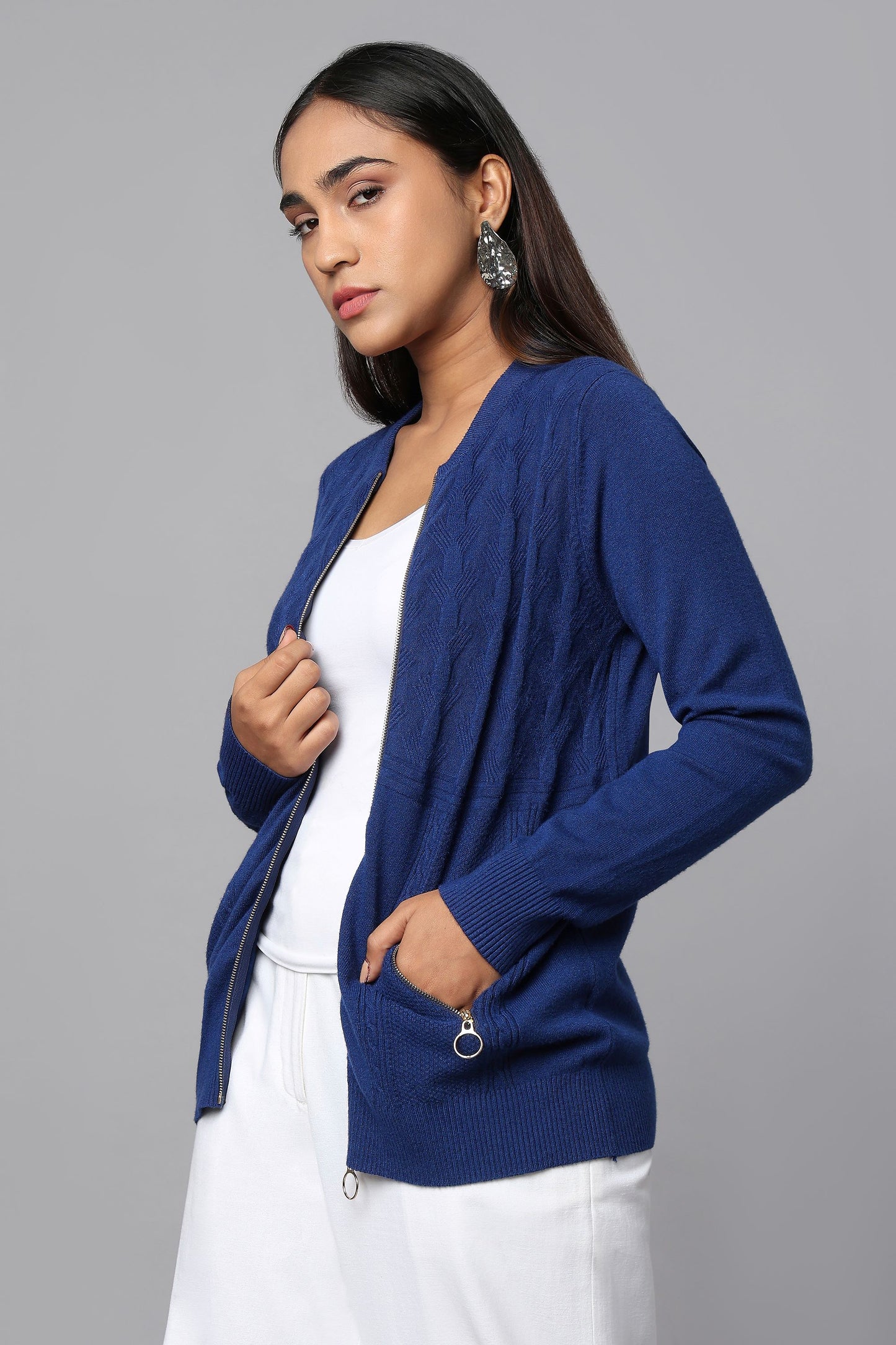 Knit Zip-Front Blue Sweater with Pocket Detail