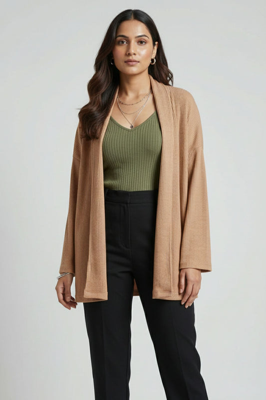 Dark Beige Ribbed Open Shrug
