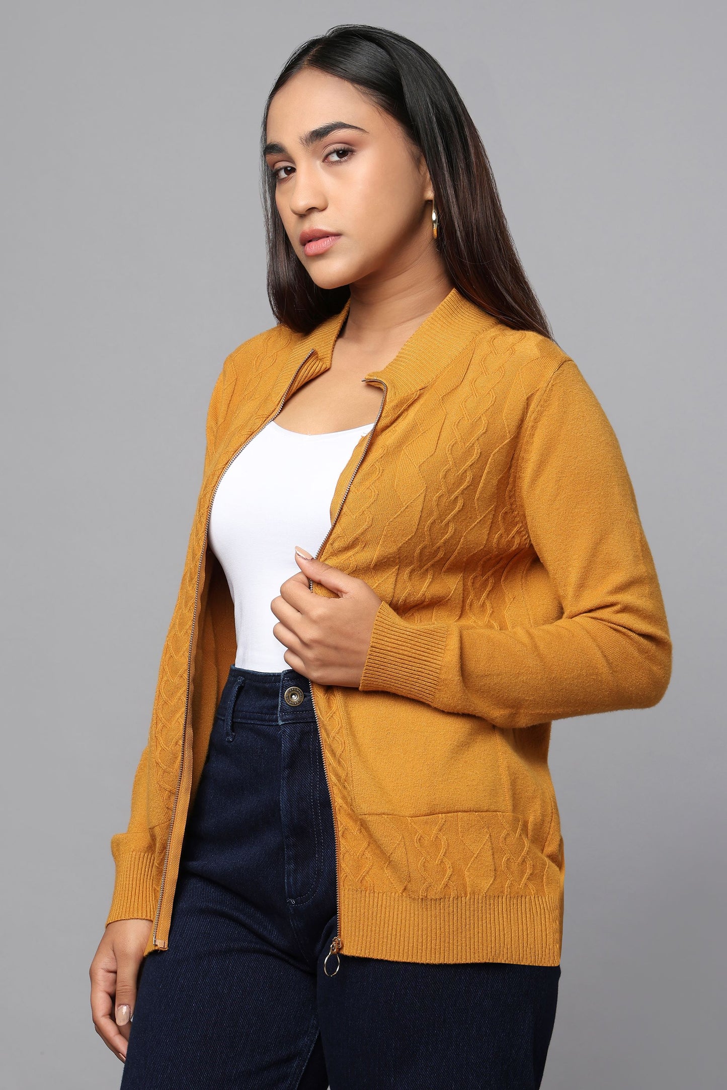 Cable Knit Zip-Up Sweater - Ocher
