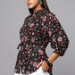 Black Printed Waist-Tie Shirt Top