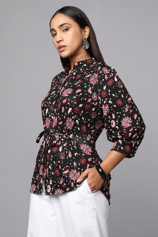 Black Printed Waist-Tie Shirt Top