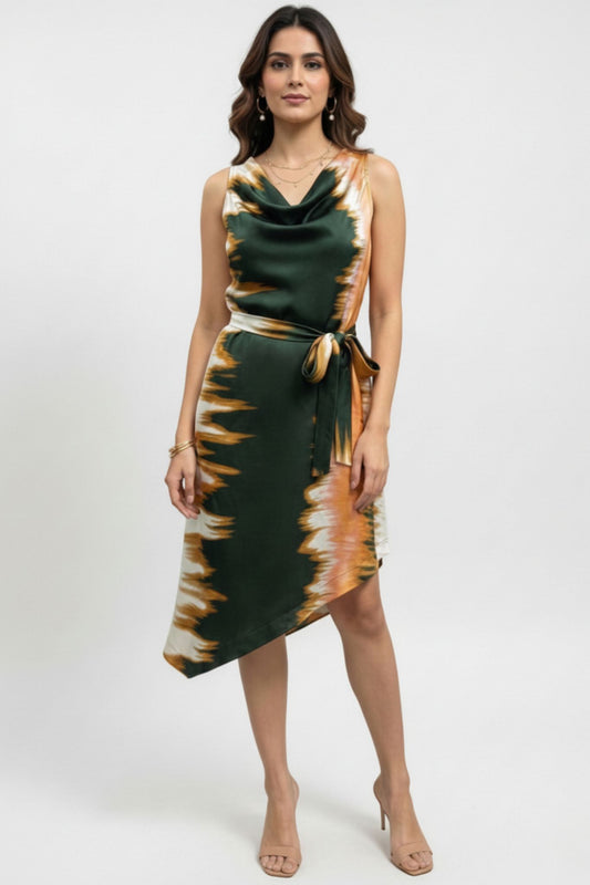 Asymmetric Cowl Neck Dress - Multi | Polyester