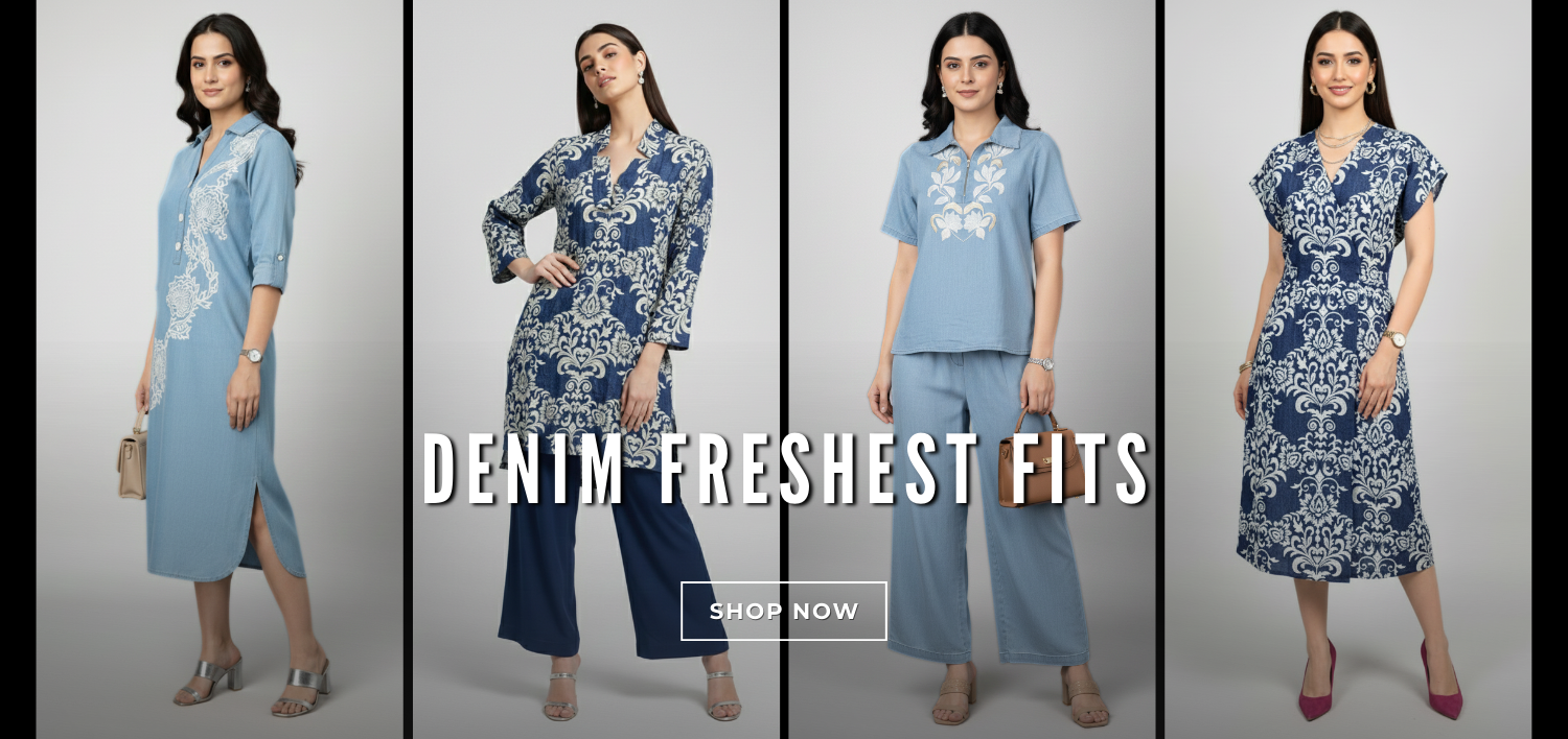 Woman modeling a denim outfit with floral patterns in four different poses on a gray background.