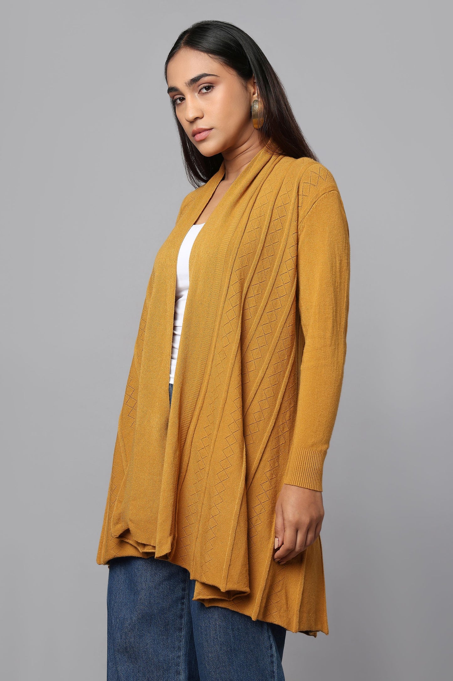Diamond Knit Longline Cardigan - Ocher