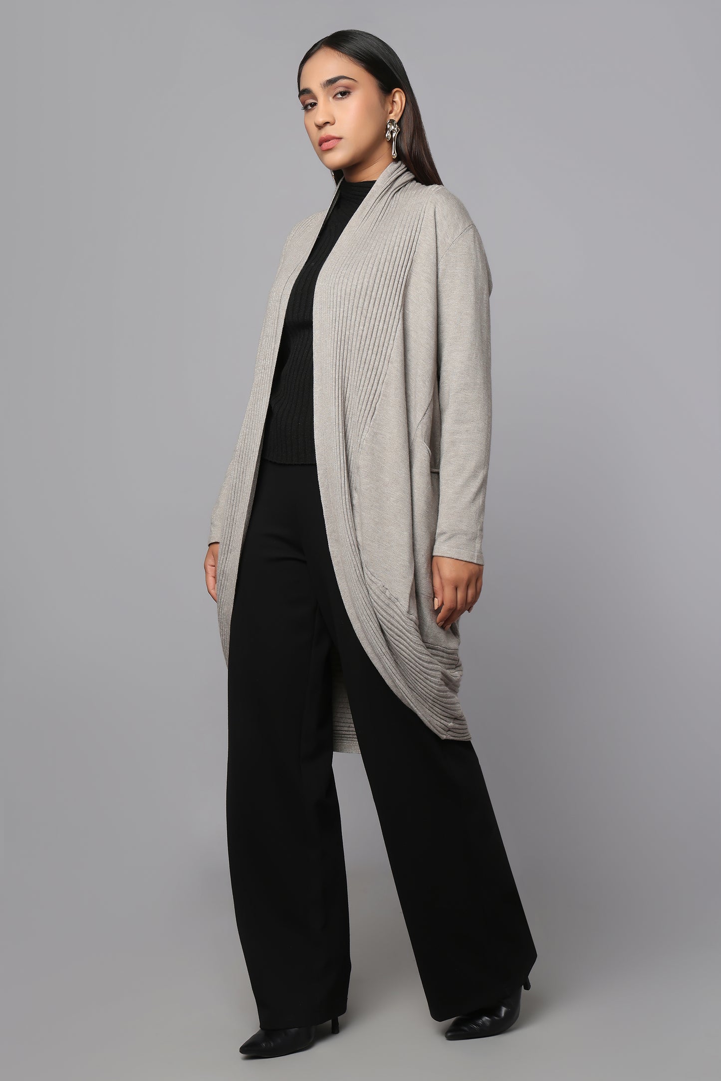 Longline Knit Sweater with Draped Hem - Grey