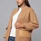 Zip-Up Beige Sweater with Quilted Pockets
