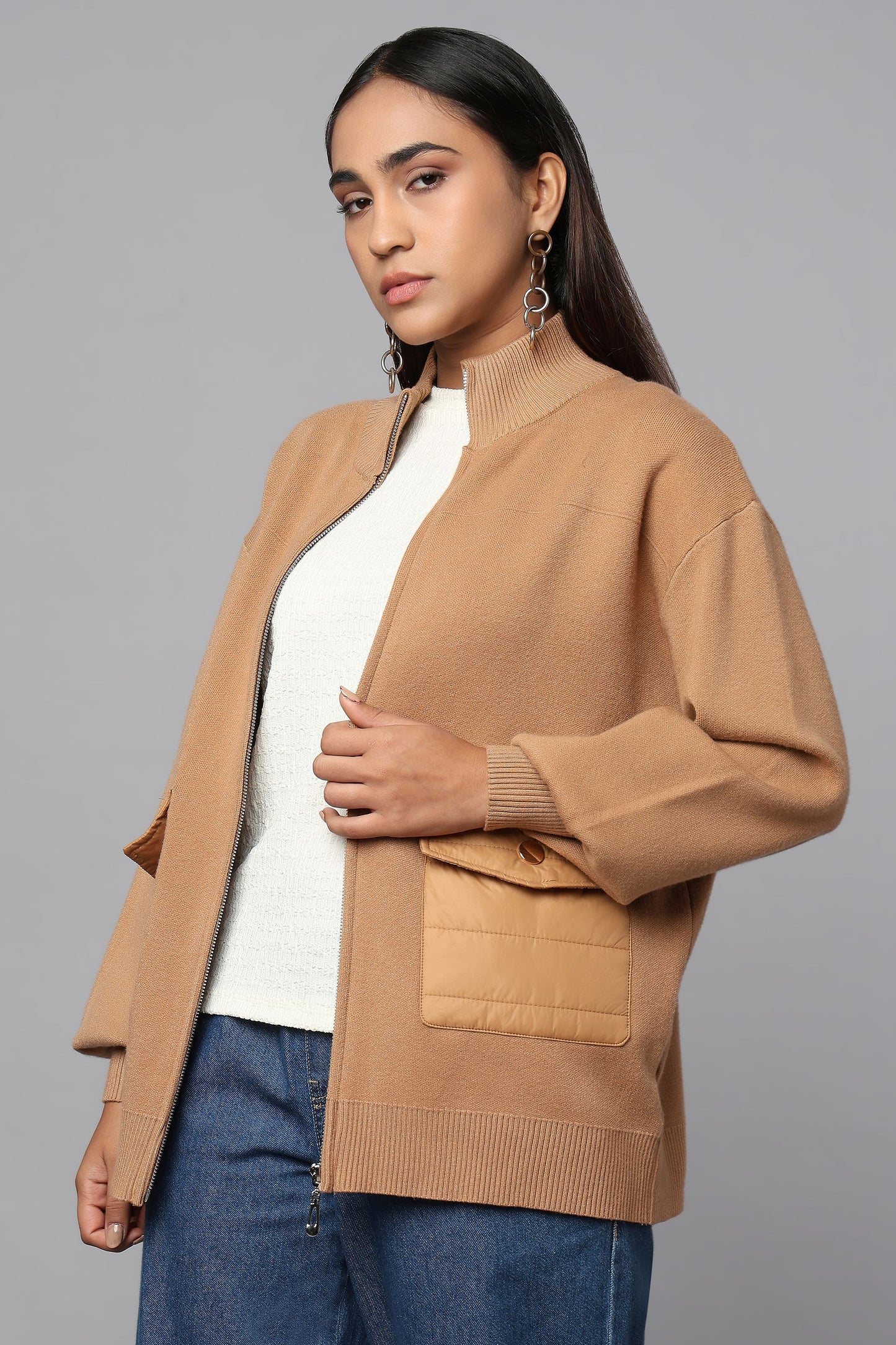 Zip-Up Beige Sweater with Quilted Pockets