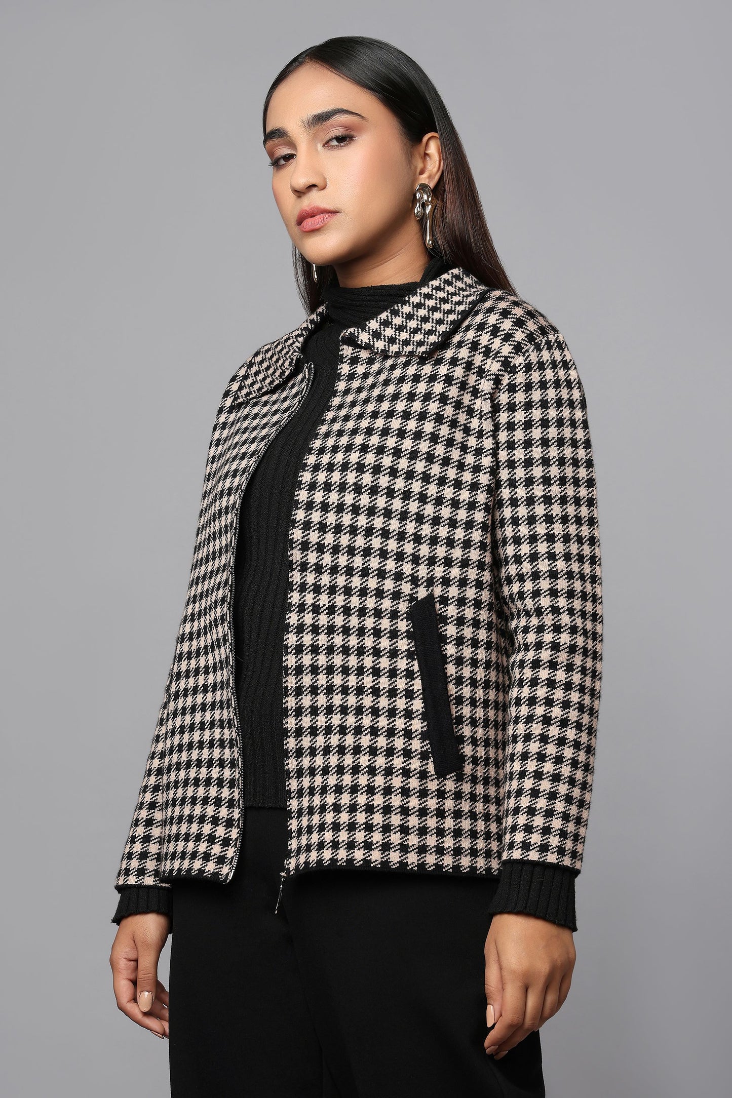 Houndstooth Black Zip-Up Sweater