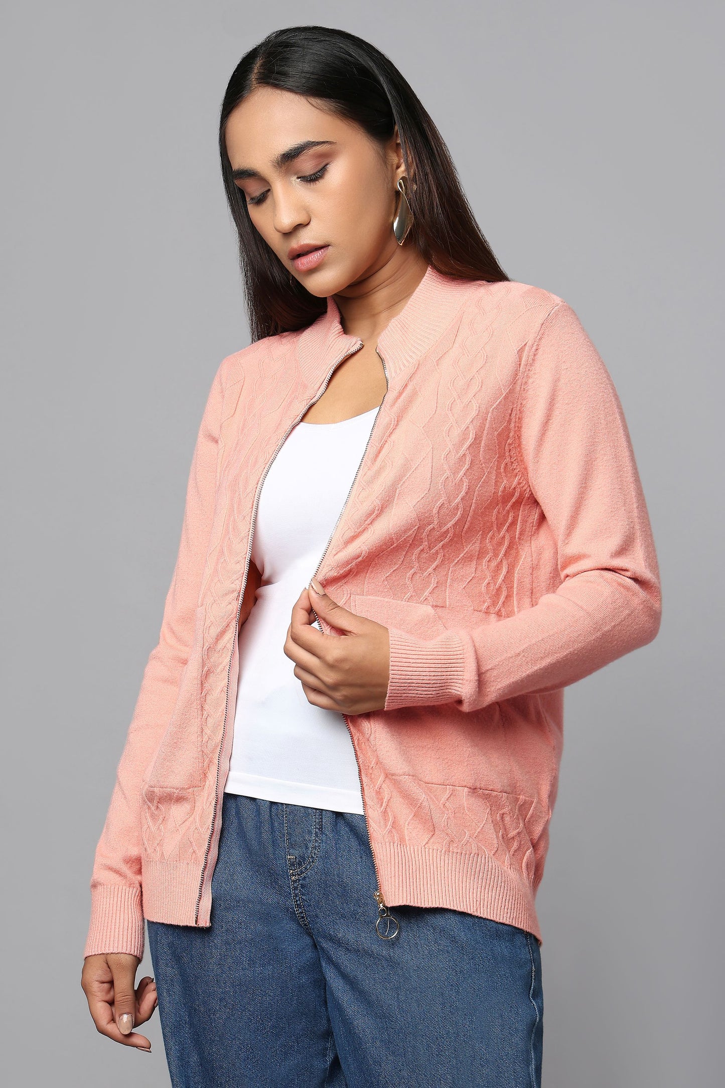 Cable Knit Zip-Up Sweater - Pink