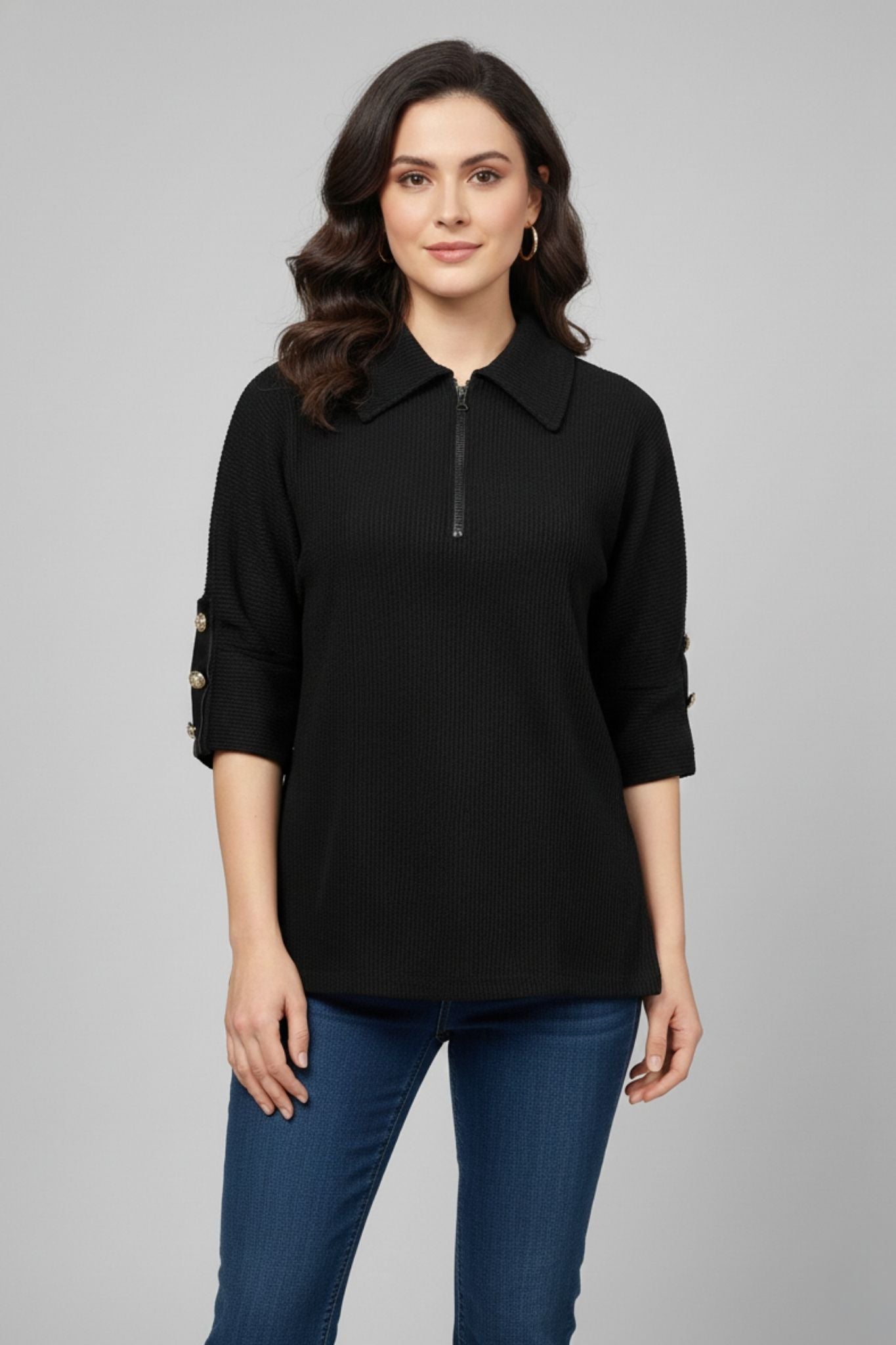 Black Textured Zip-Neck Top