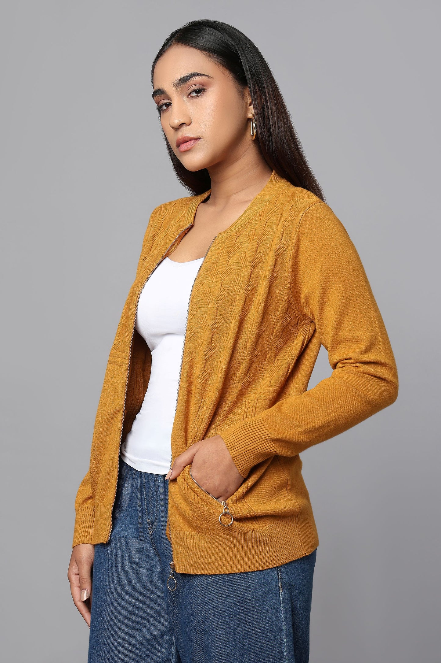 Knit Zip-Front Ocher Sweater with Pocket Detail