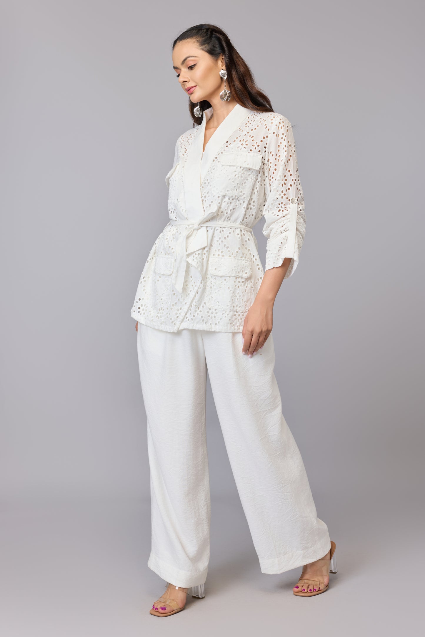 Classic White Belted Schiffli Shirt