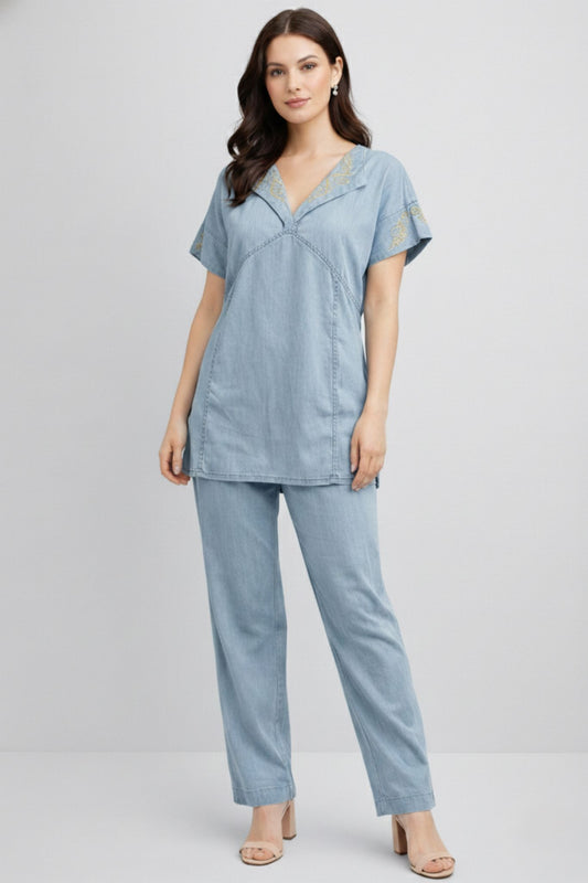 Embroidered Co-Ord Set - Blue | Lyocell Denim