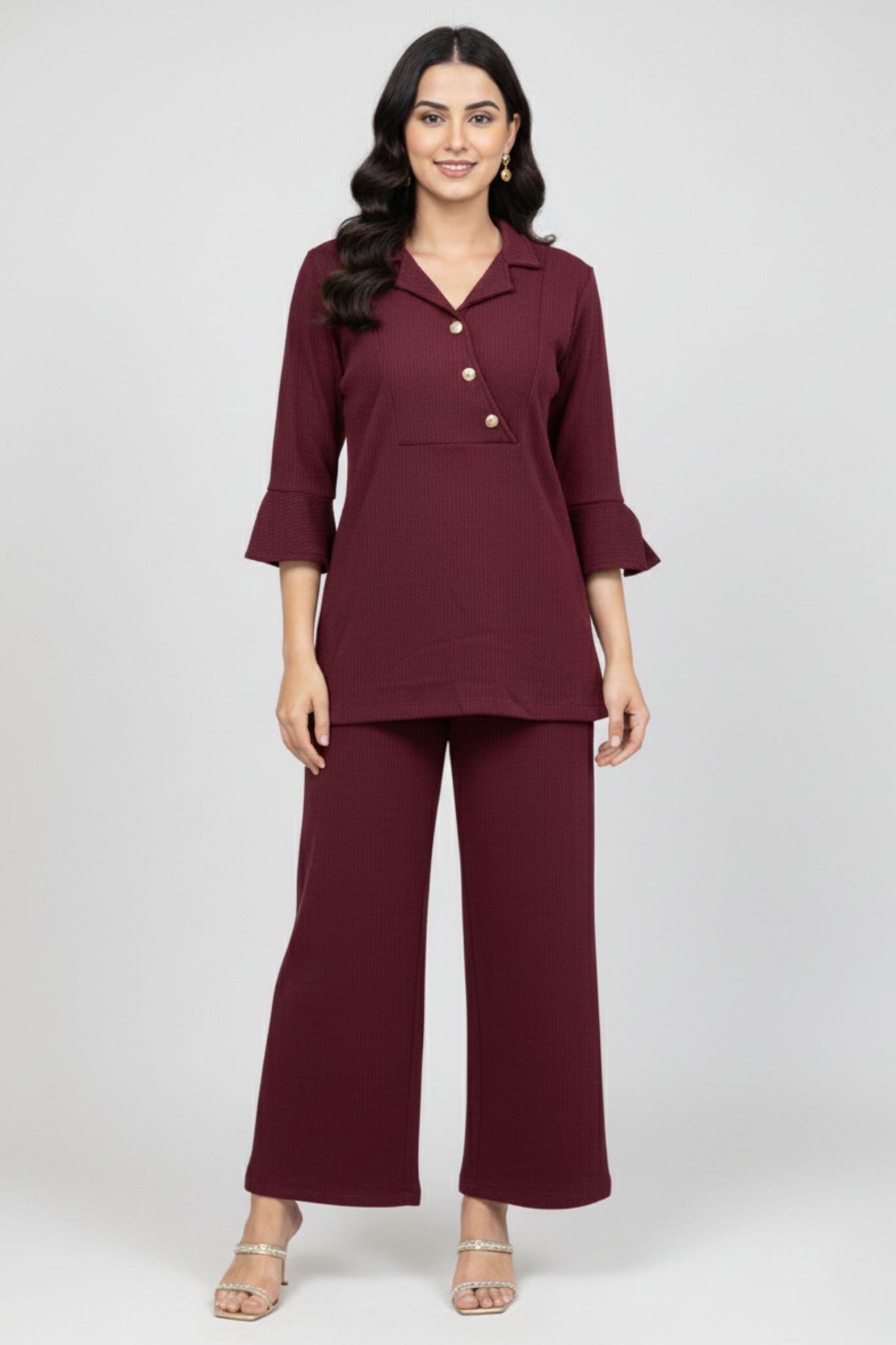 Maroon Button-Detail Co-Ord Set