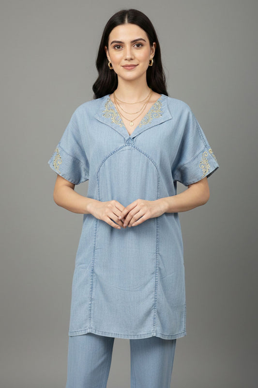 Short Sleeves Embroidered Tunic - Blue | Lyocell Denim