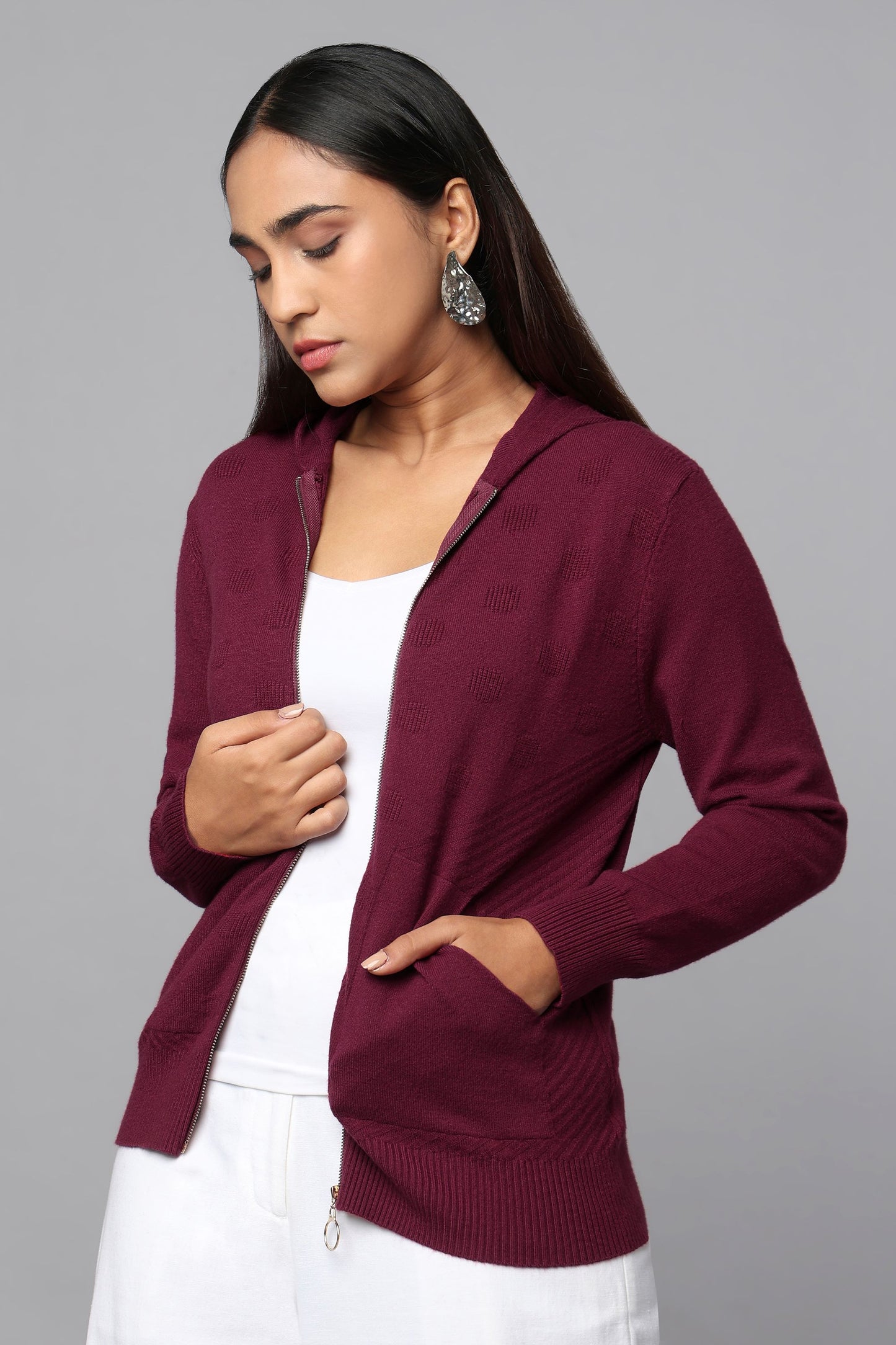 Hoodie Maroon Knit Sweater