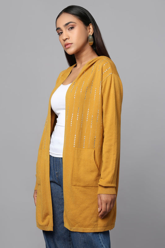 Hooded Embellished Longline Cardigan - Ocher