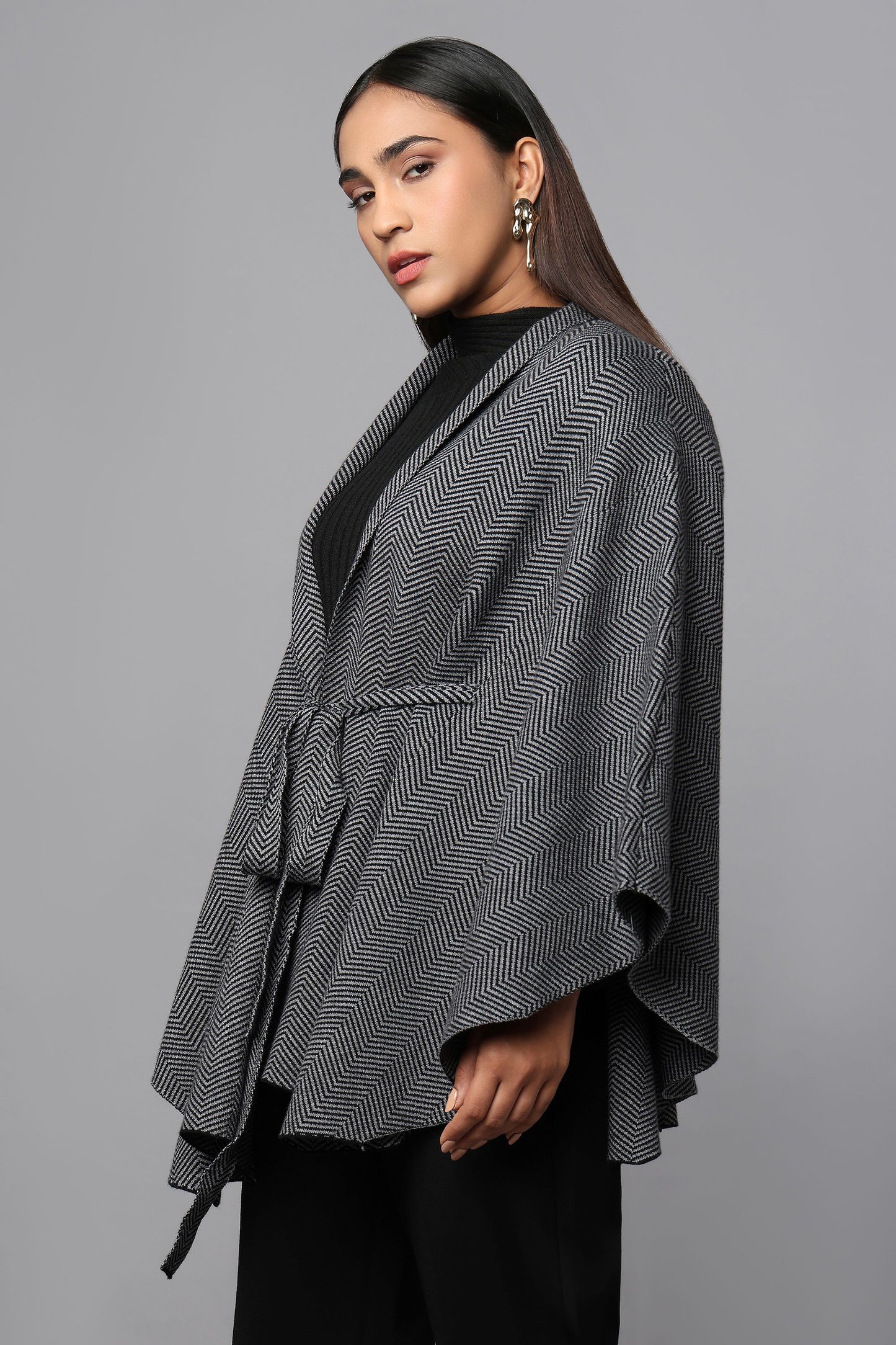 Belted Cape Sweater with Flared Hem - Black