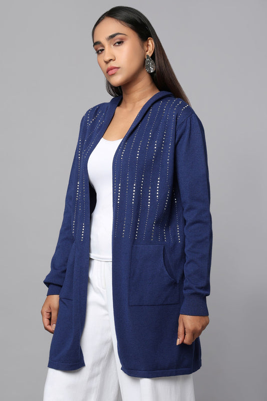 Hooded Embellished Longline Cardigan - Blue