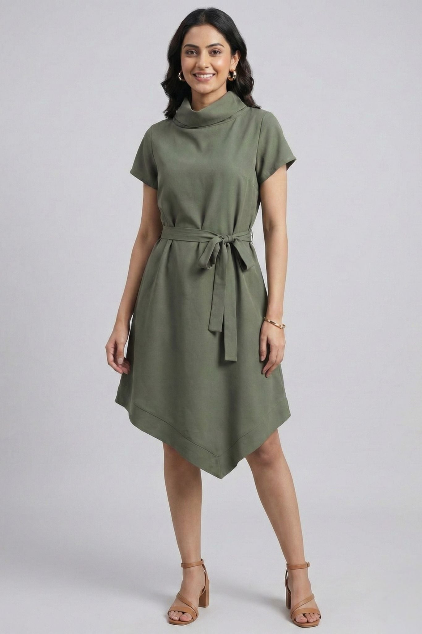 Cowl Neck Asymmetric Hem - Green | Polyester