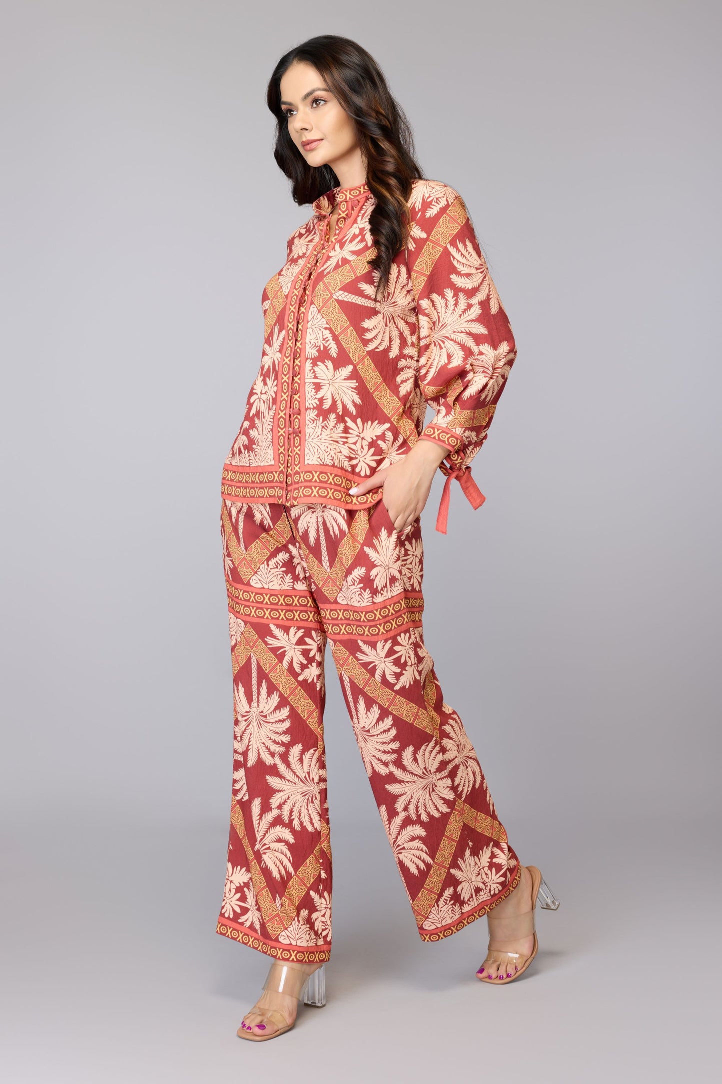 Palm Print Co-Ord Set - Brown | Viscose Blend