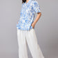Elegant Blue Floral Print Mandarin Collar Top