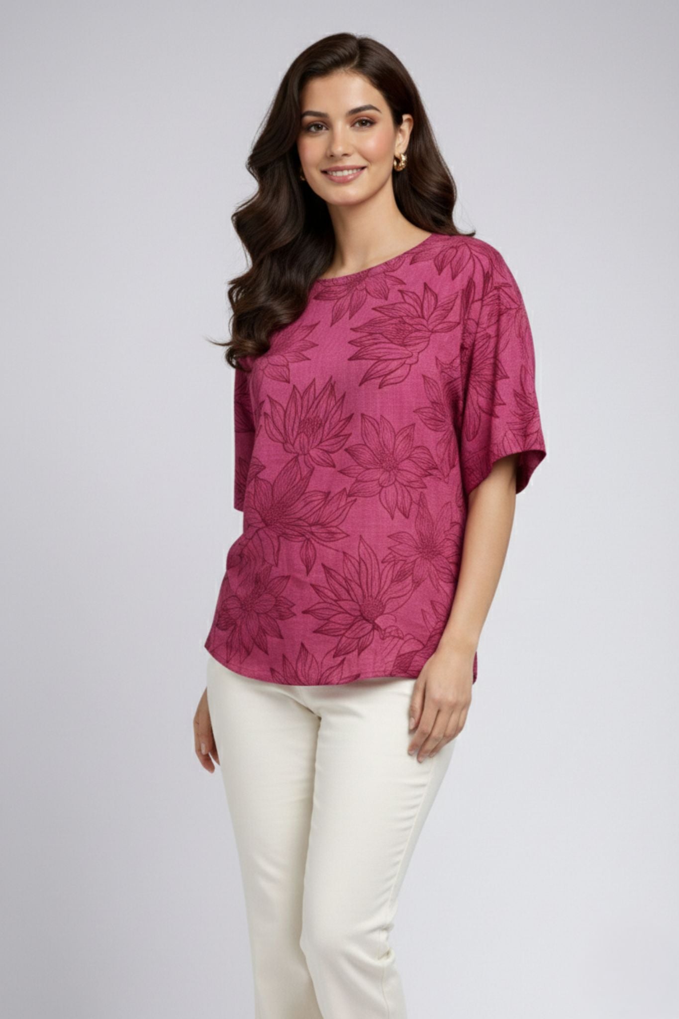 Floral Printed Round Neck Top – Maroon | Viscose Blend