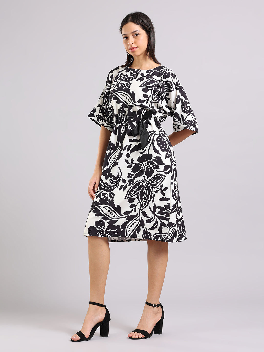 Black & White Floral Tie-Up Dress