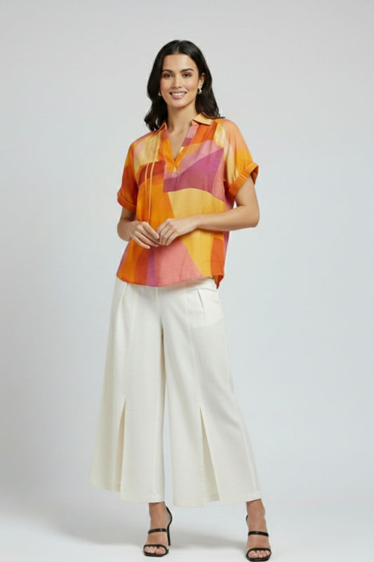 Abstract Printed V-Neck Top – Multi | Viscose Blend