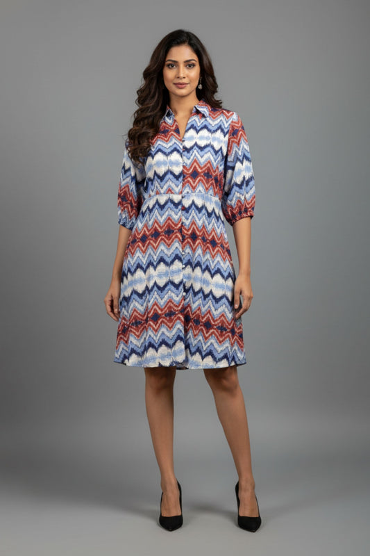 Blue Chevron Pattern Shirt Dress
