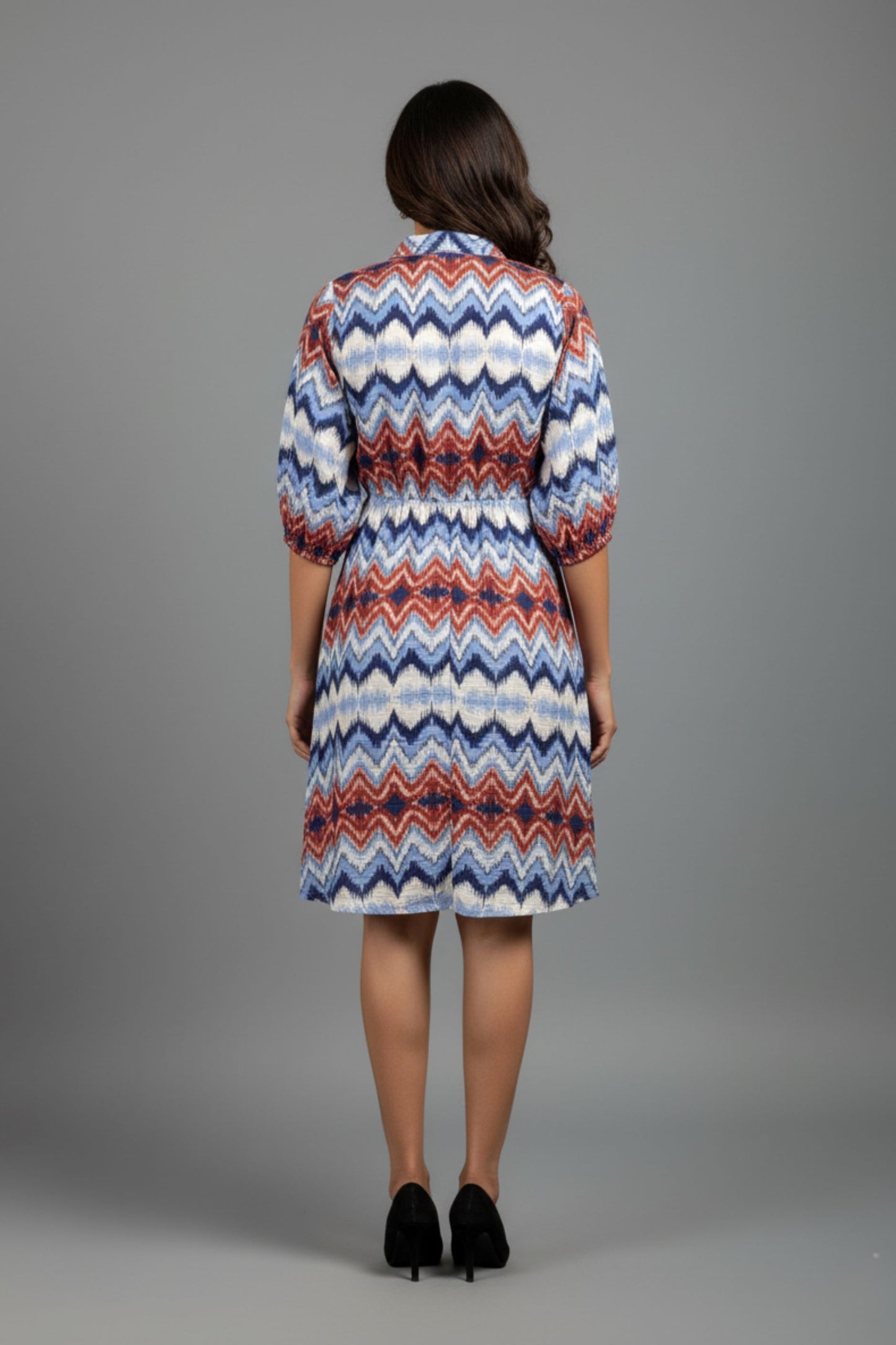 Blue Chevron Pattern Shirt Dress