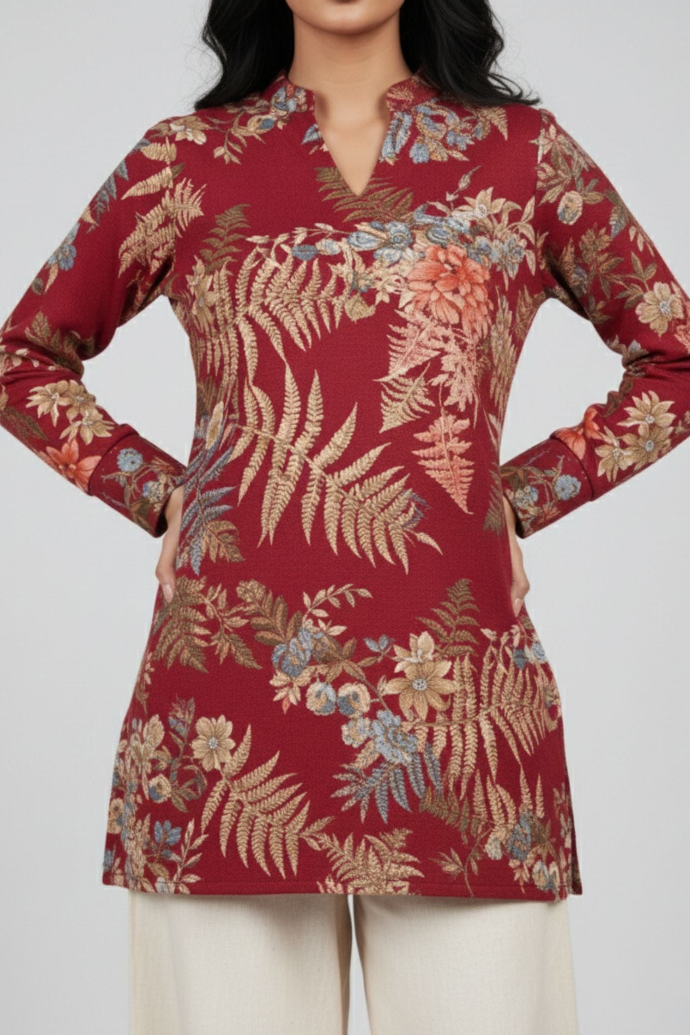 V-Neck Floral Tunic – Red | Viscose Blend