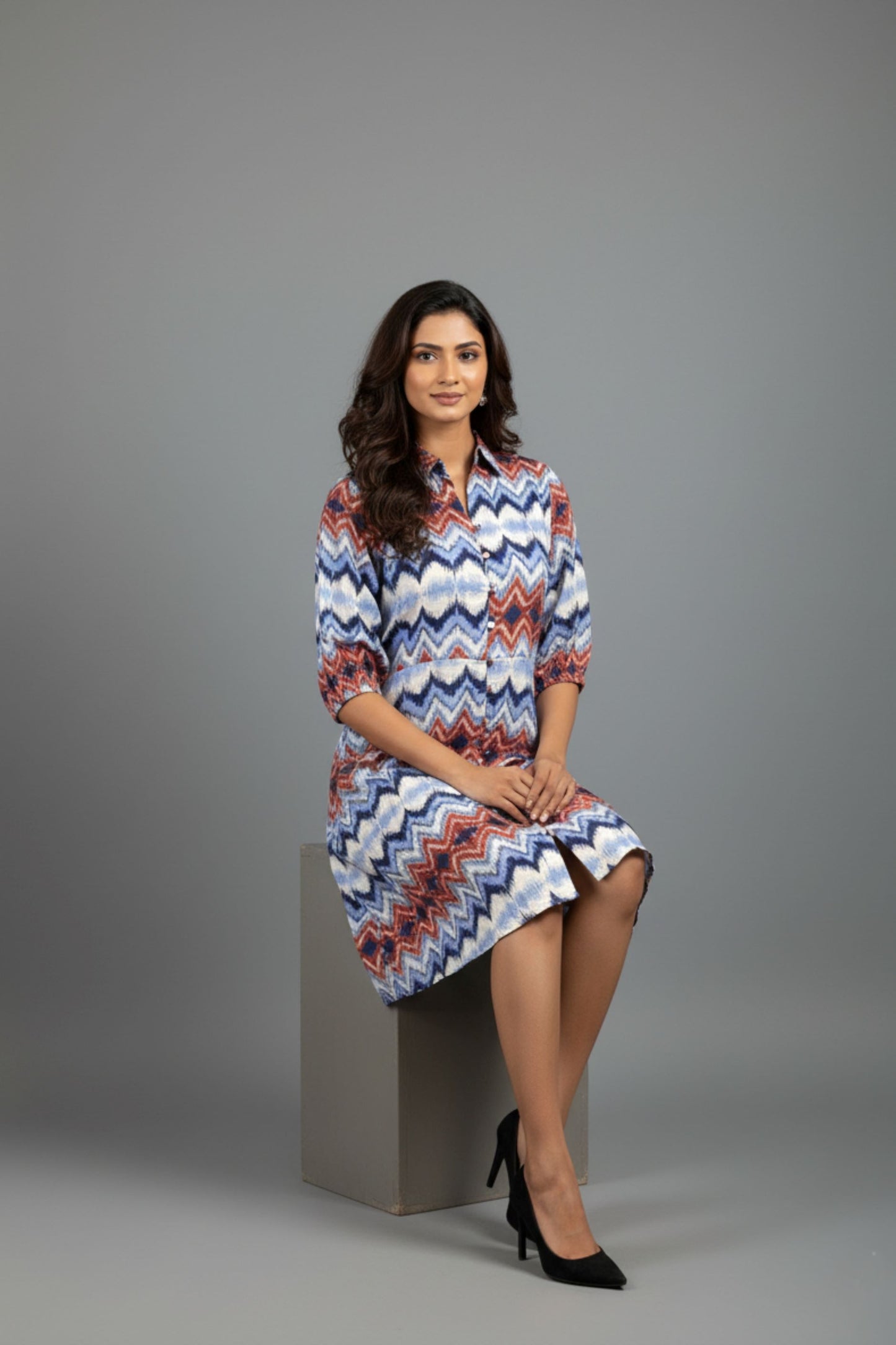 Blue Chevron Pattern Shirt Dress