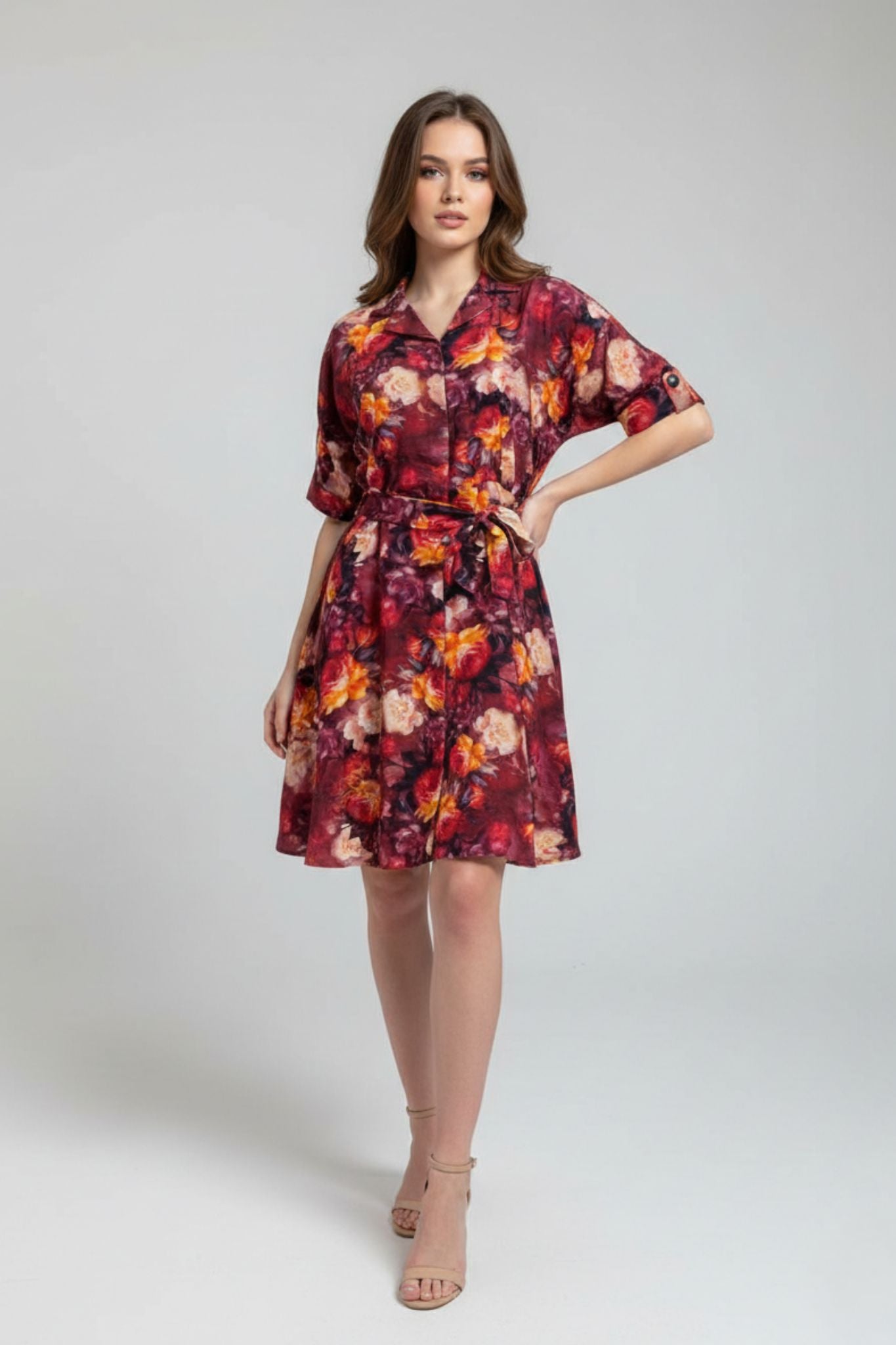 Floral Collared Tie-Up Dress – Cranberry | Viscose Blend