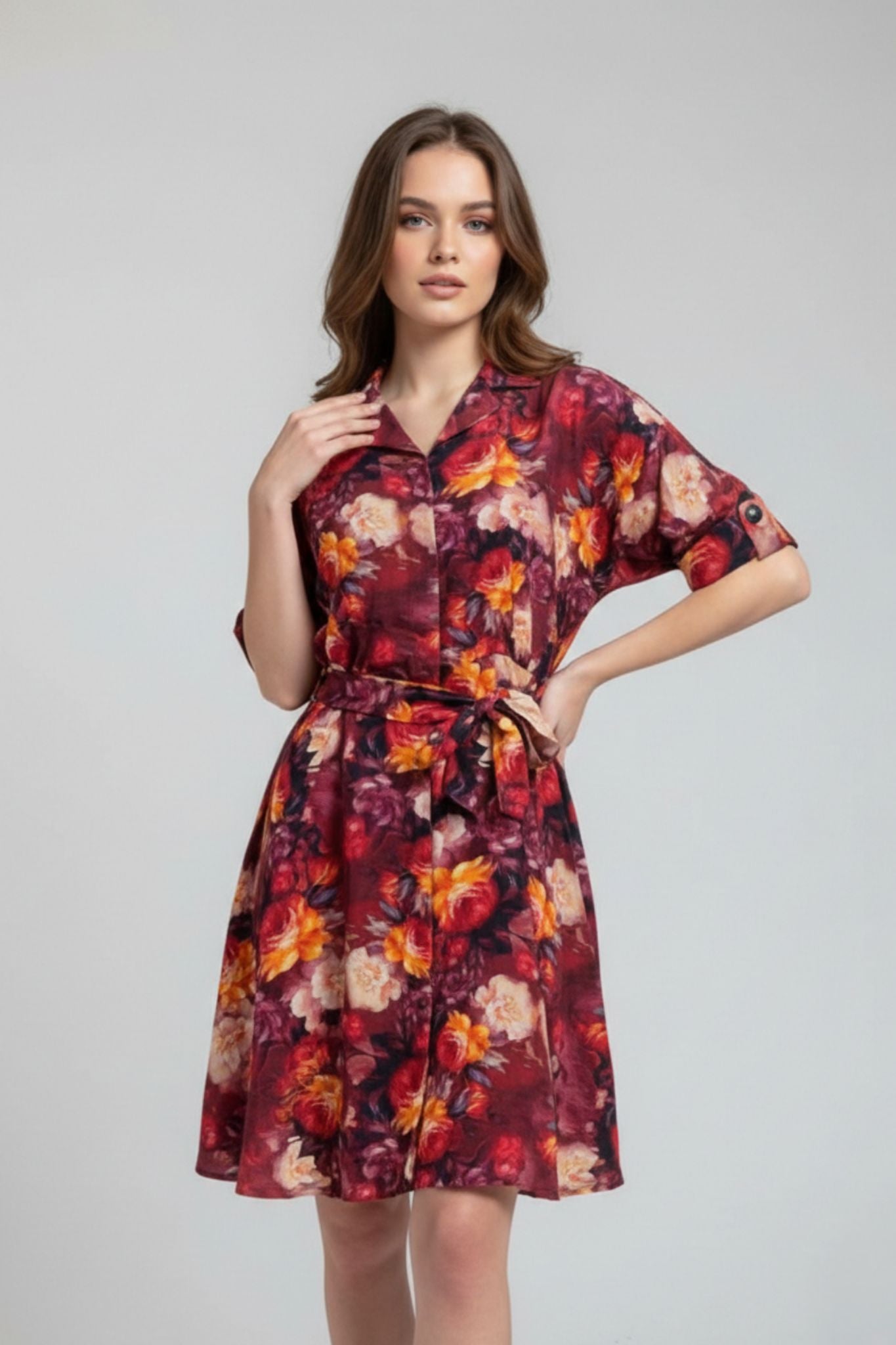 Floral Collared Tie-Up Dress – Cranberry | Viscose Blend