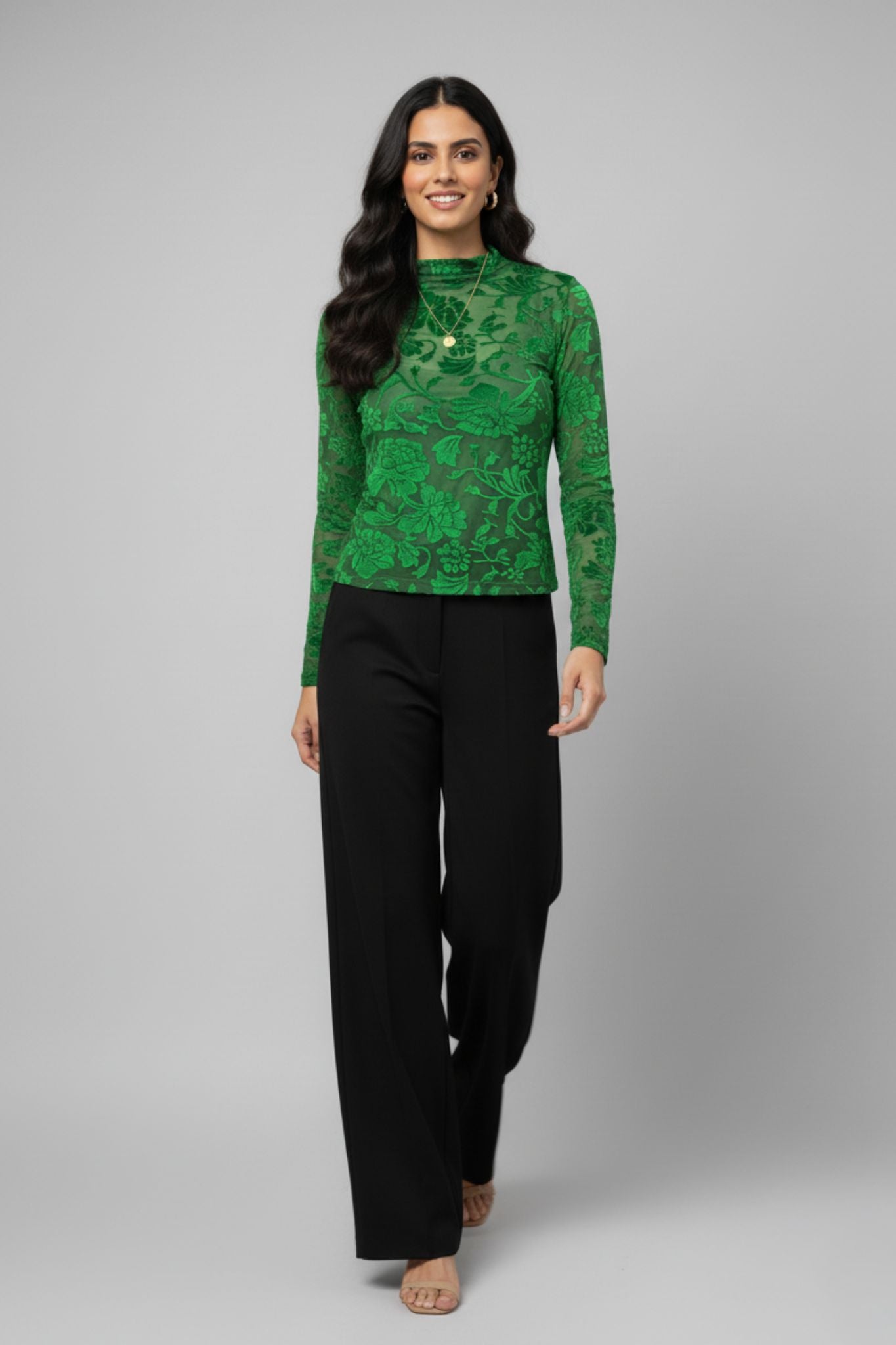 Green Floral Velvet Burnout Top