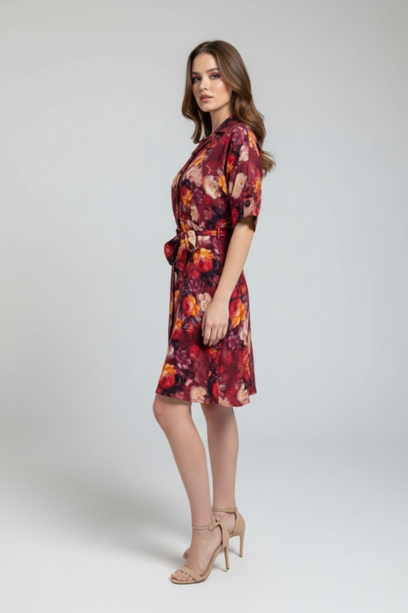 Floral Collared Tie-Up Dress – Cranberry | Viscose Blend