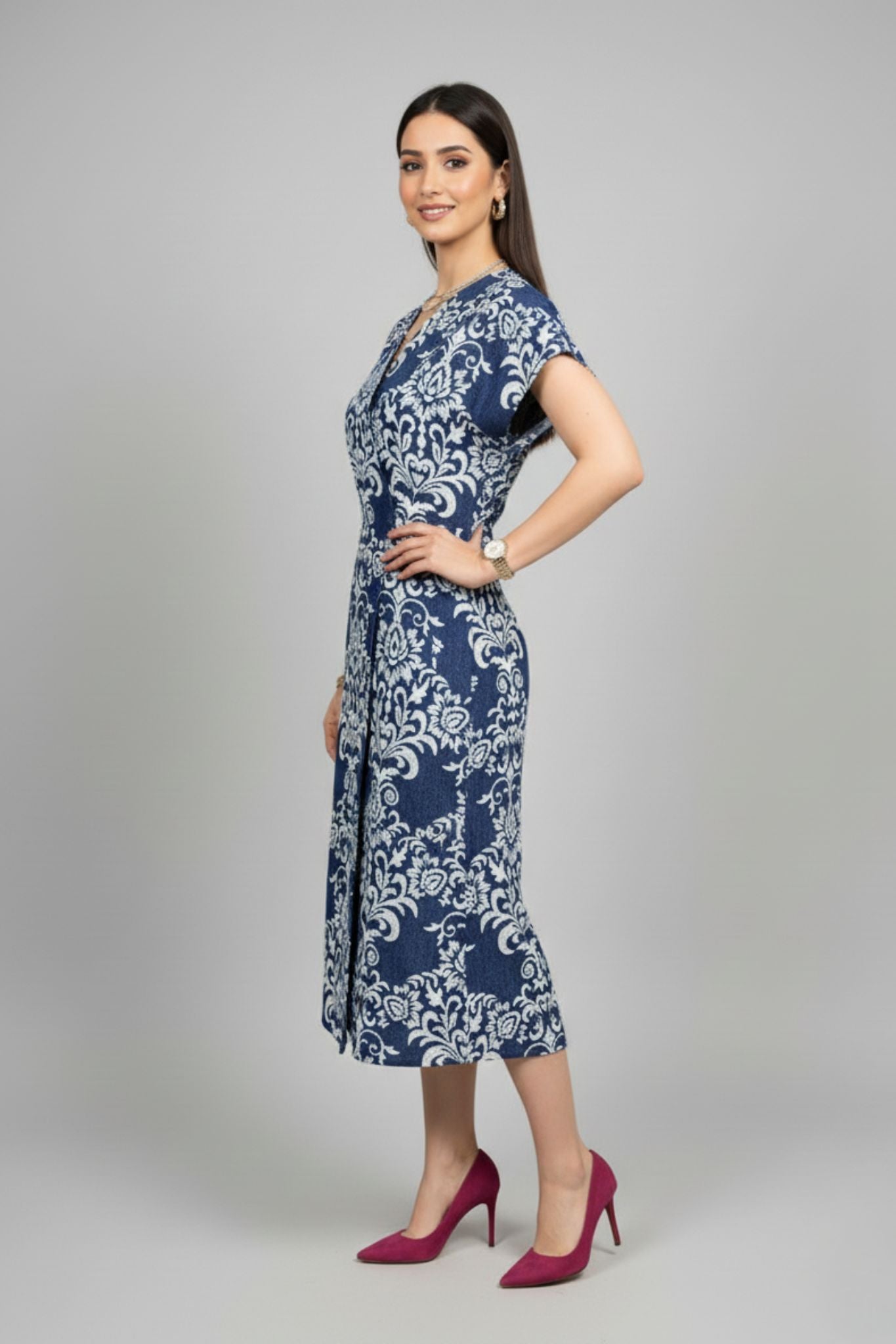 V-neck Printed Midi Dress - Blue | Lyocell Denim