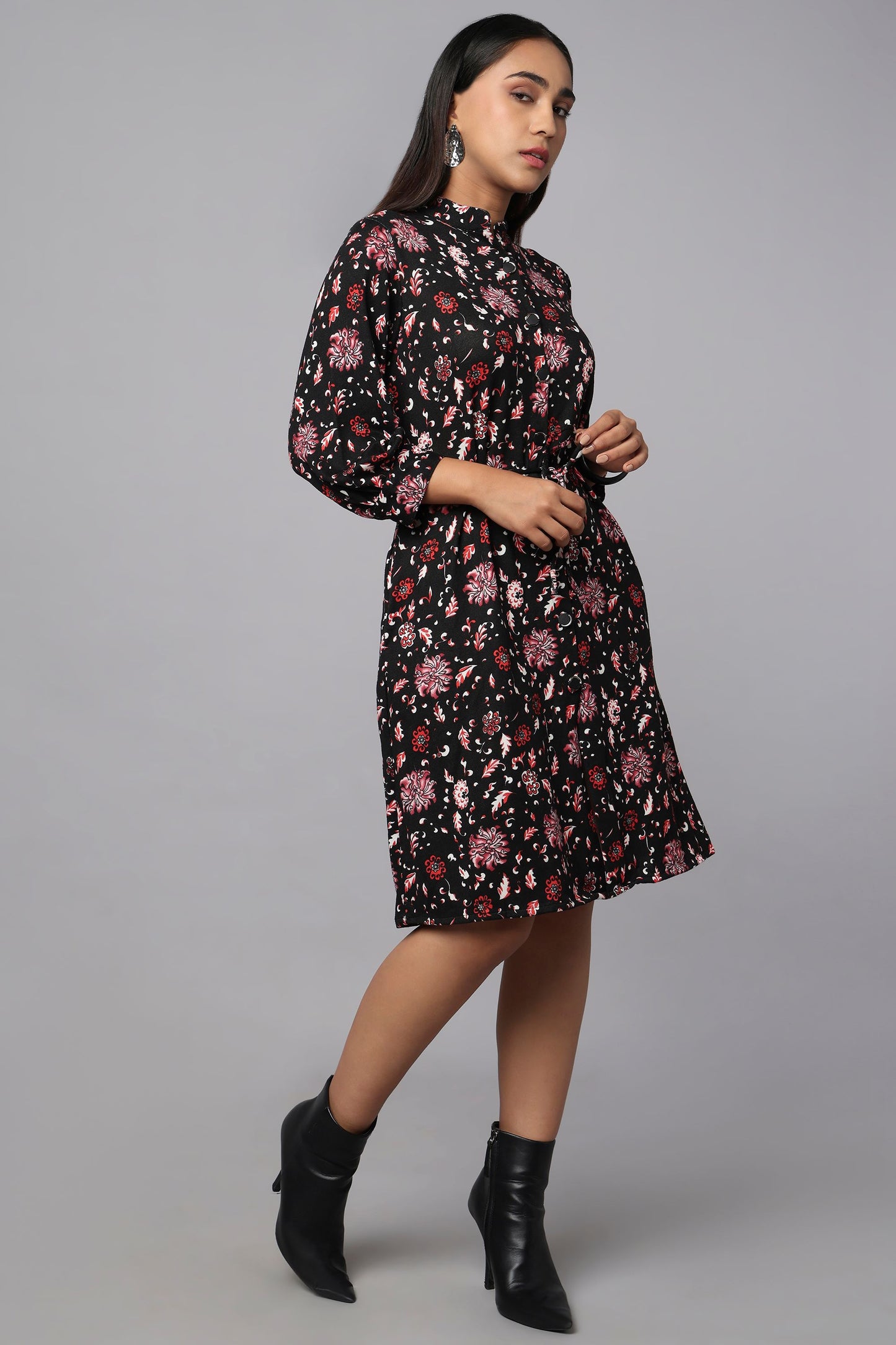 Black Printed Tie-Waist Shirt Dress