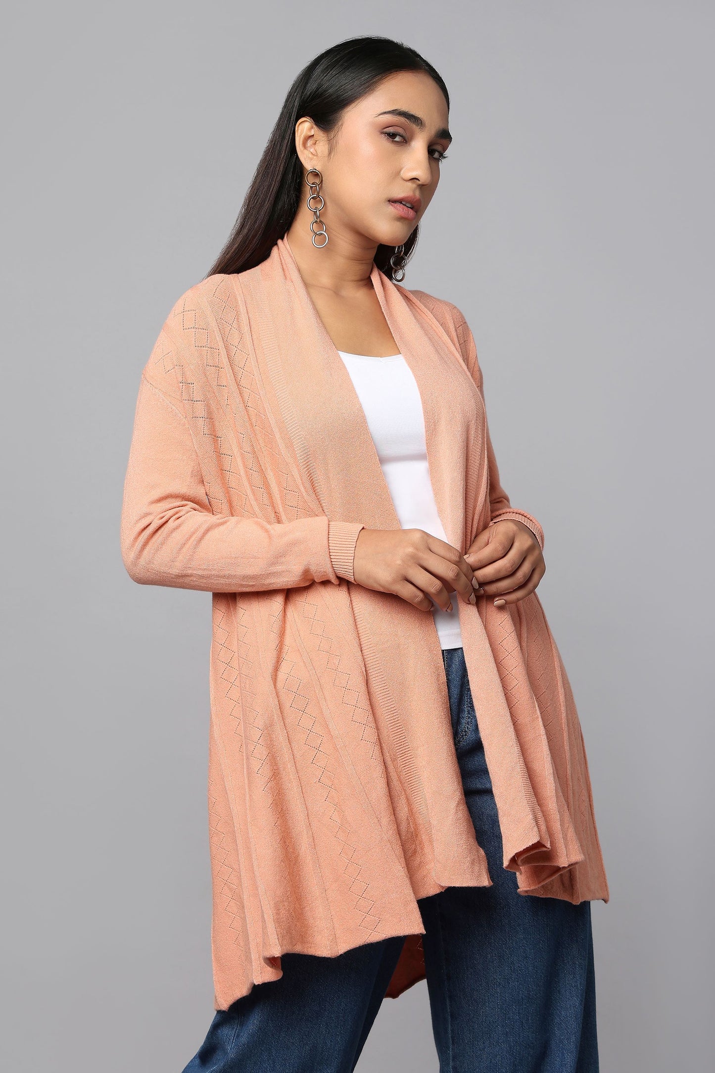 Diamond Knit Longline Cardigan - Pink