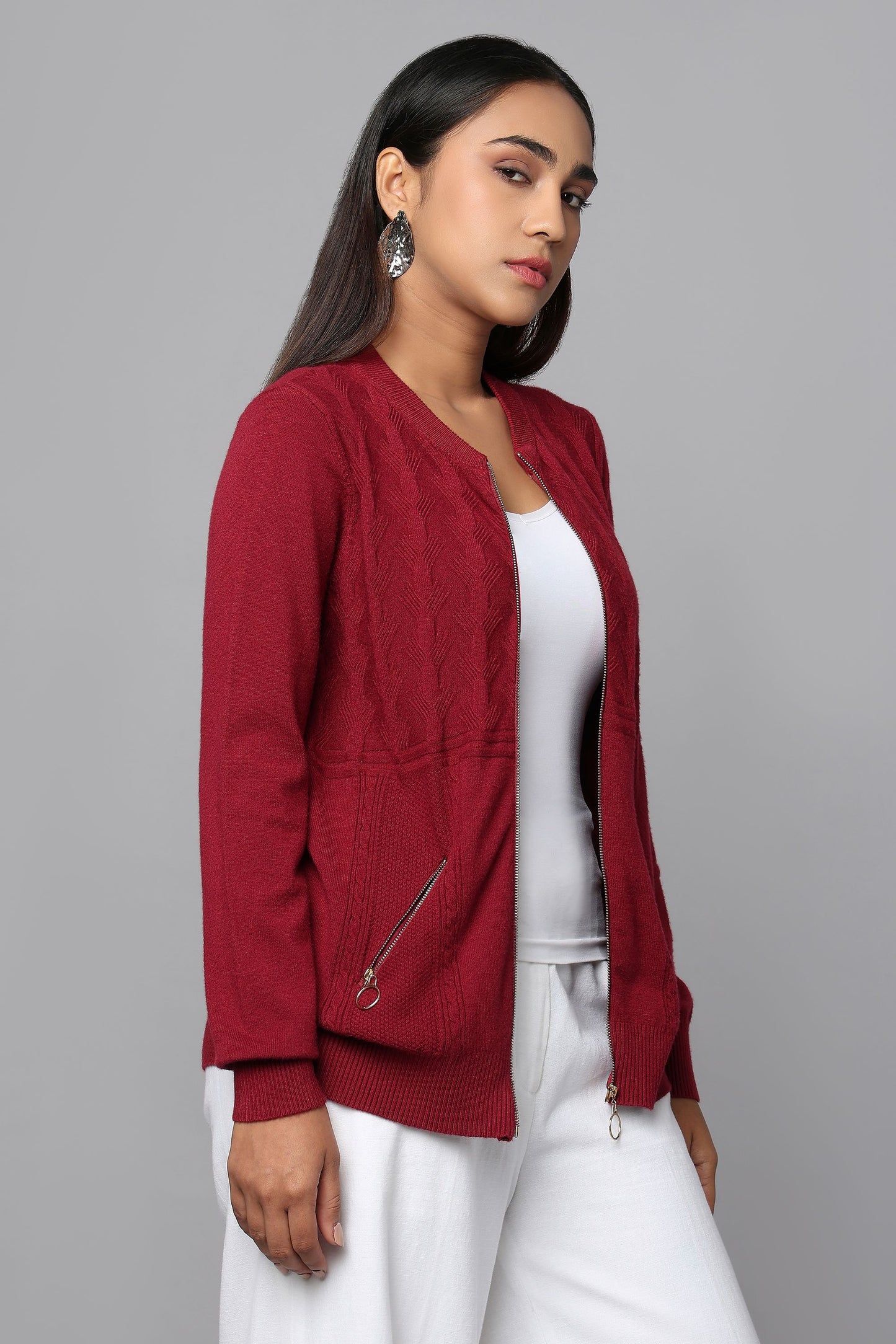 Knit Zip-Front Maroon Sweater with Pocket Detail