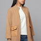 Zip-Up Beige Sweater with Quilted Pockets