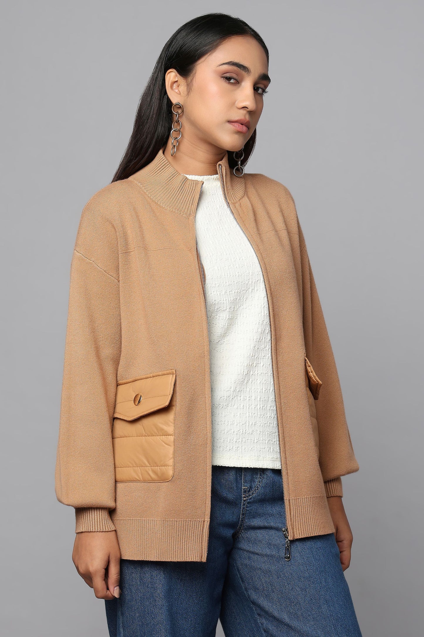 Zip-Up Beige Sweater with Quilted Pockets