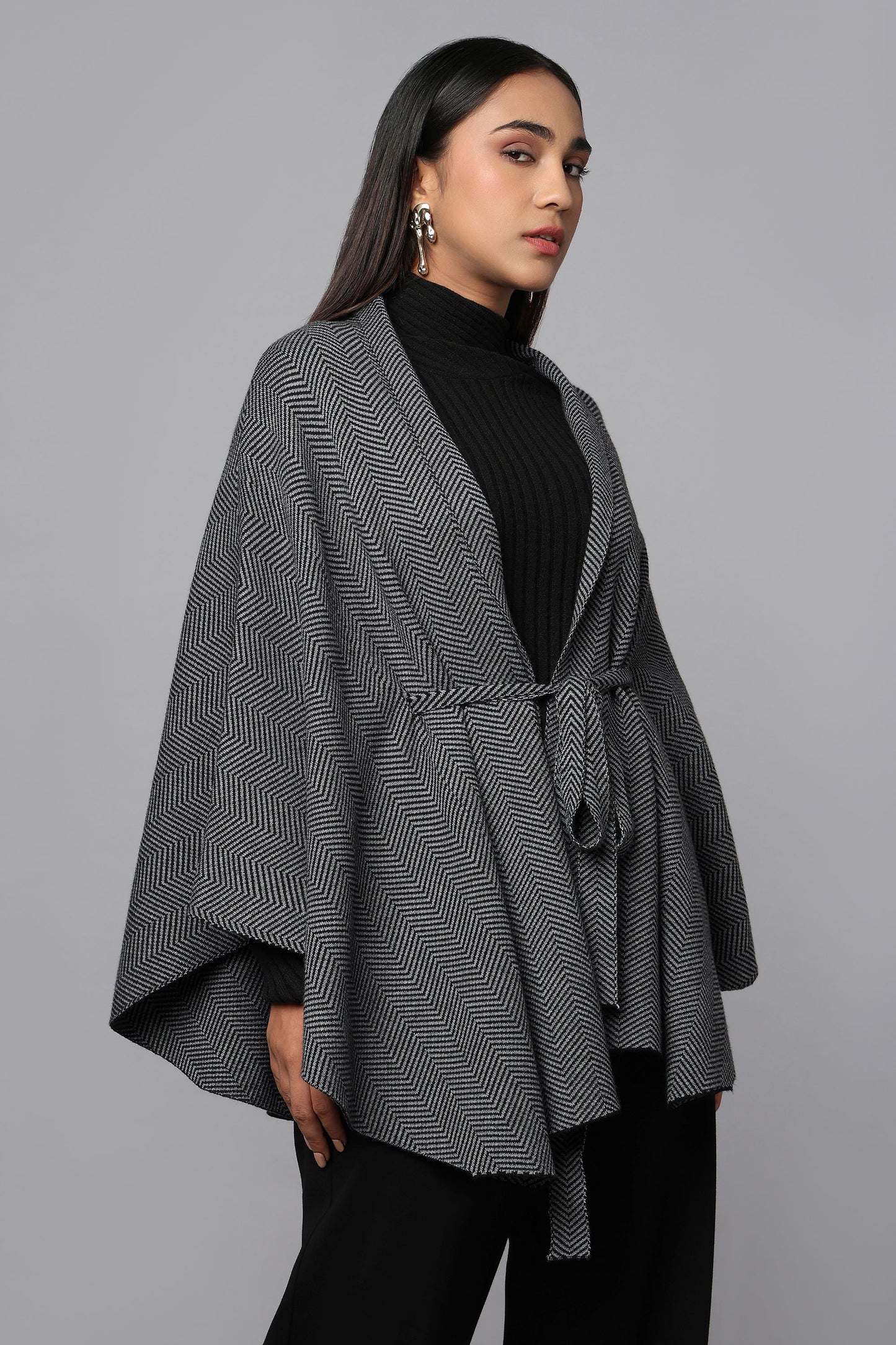 Belted Cape Sweater with Flared Hem - Black
