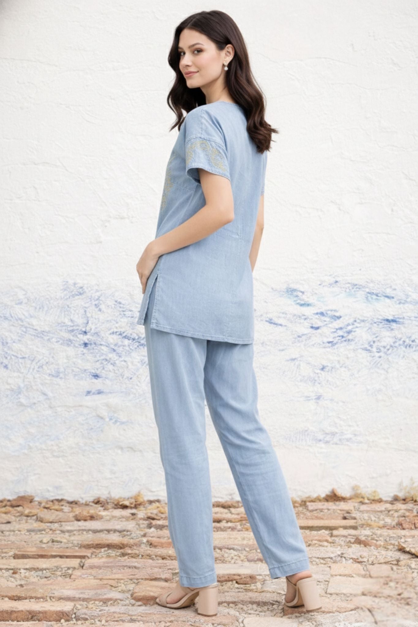 Embroidered Co-Ord Set - Blue | Lyocell Denim